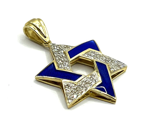 14K Gold & Diamond With Blue Enamel Star of David Necklace
